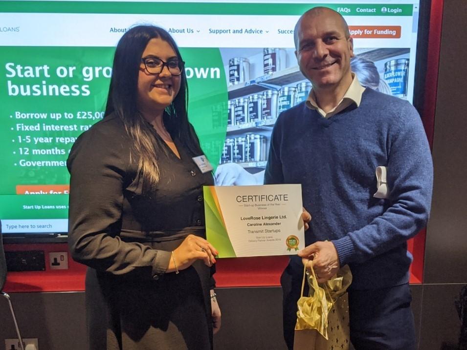 Richard Bearman presenting a certificate to LoveRose Lingerie founder Caroline Alexander