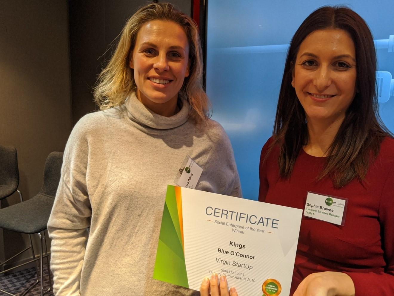 Sophia Browne presenting a certificate to Virgin StartUp